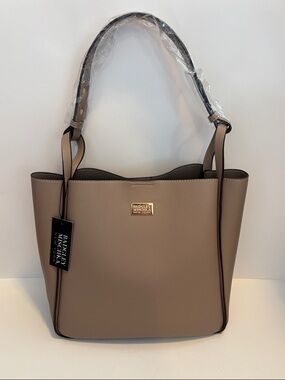 NEW! Badgley Mischka Taupe Tan Pebbled Vegan Faux Leather Tote with Top Handle